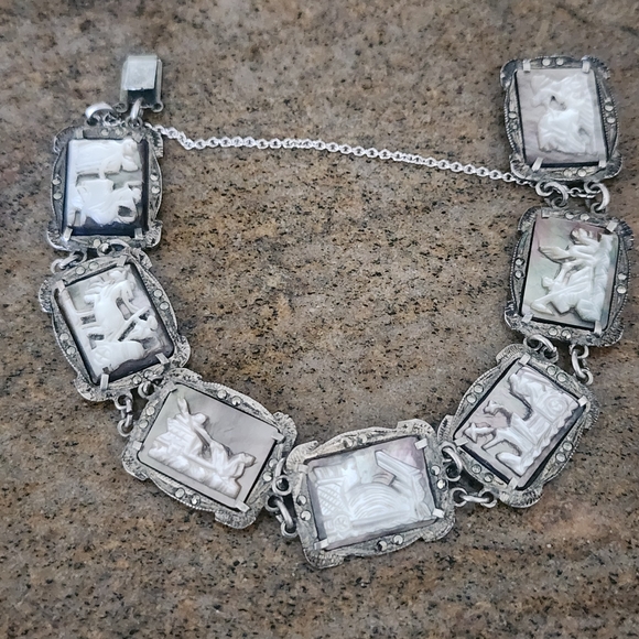 Antique Art Deco Mother Of Pearl Cameo Sterling Silver  Bracelet Marcasite - Picture 8 of 10